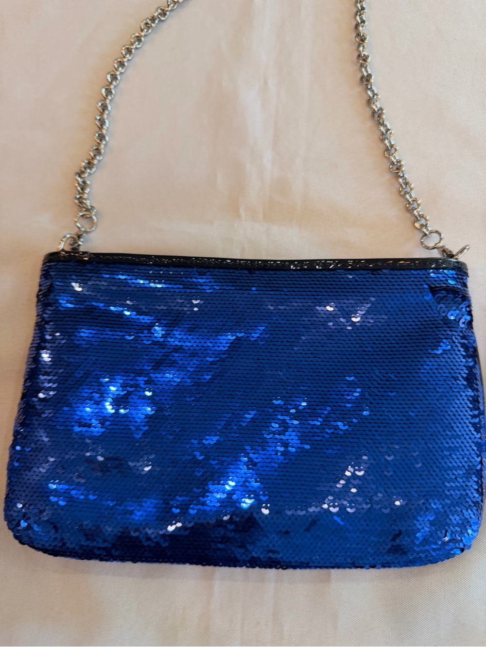 Coach Poppy Blue Sequin Crossbody Clutch with Leather Silver Chain Strap - Picture 5 of 5